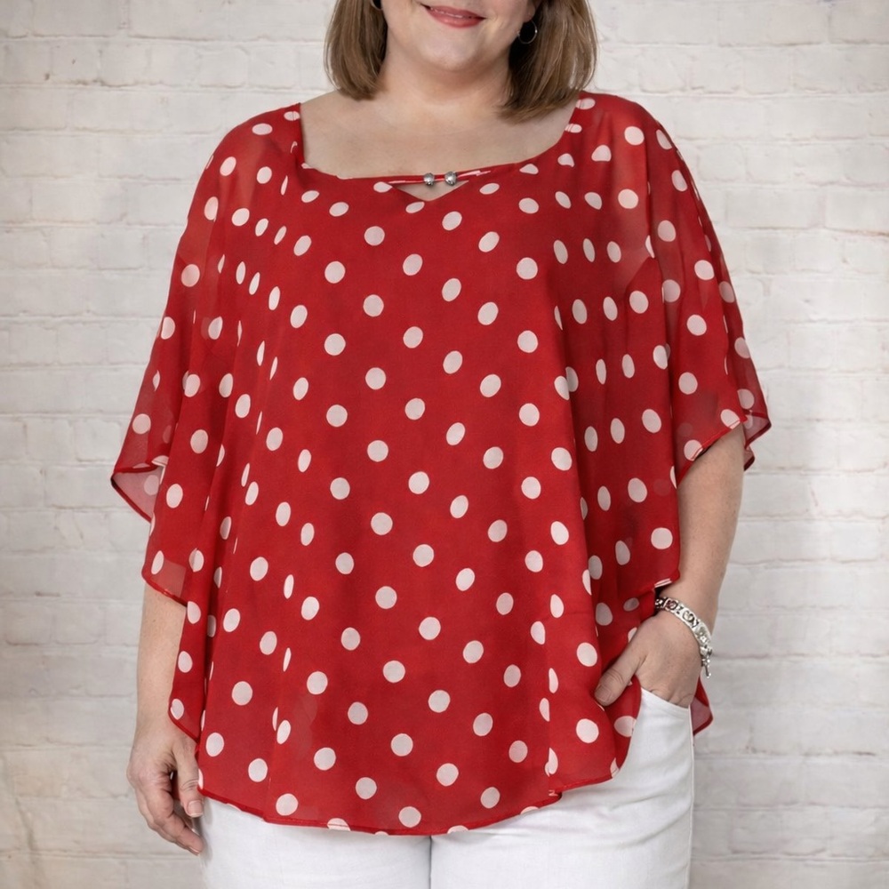 Cato‎ EST 1946 Chiffon Top Womens 18/20W Red White Polka Dot Overlay Flutter